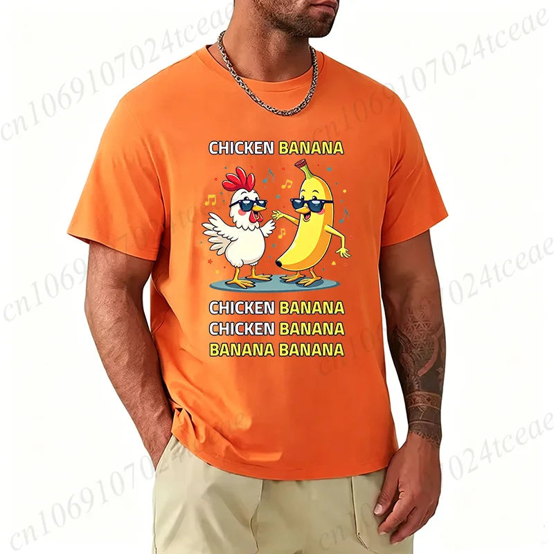 Unisex Chicken Banana Meme T Shirt Funny Cartoon Chicken Banana with Sunglasses Graphic Tee Music Short Sleeve Oversized Tops