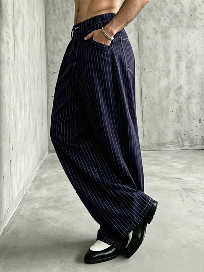 Men Navy Pinstripe Wide Barrel Baggy Pants Stretch Wrinkle Free Oversized Loose Banana Trousers Business Street Chinos