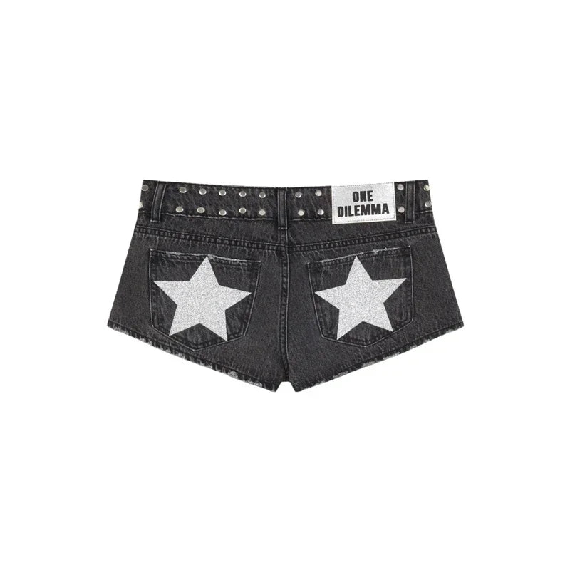 Y2K Low Waist Denim Shorts Women European American Casual Contrasting Loose Fashionable Back Sequin Star Print Hot Pants