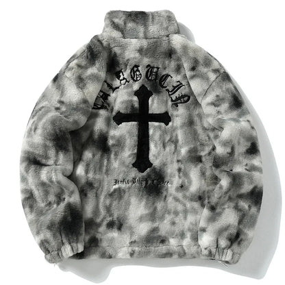 Streetwear Vintage Fleece Jacket Cross Embroidery Oversized Casual Fluffy Fuzzy Zipper Coat Harajuku Hip Hop Men Jackets 2023