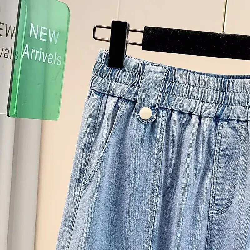 Women Plus Size Lightweight Lyocell Straight Jeans Casual Wide Leg Ninth Pants For Curvy Ladies 0266