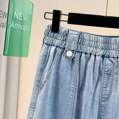 Women Plus Size Lightweight Lyocell Straight Jeans Casual Wide Leg Ninth Pants For Curvy Ladies 0266
