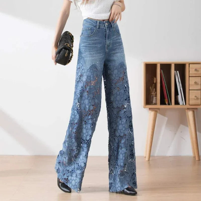New Fashion Vintage Hollow Out Lace Flowers Lady Jeans Loose Straight Denim Pants High Street Elegant Summer Trousers Chic Pant