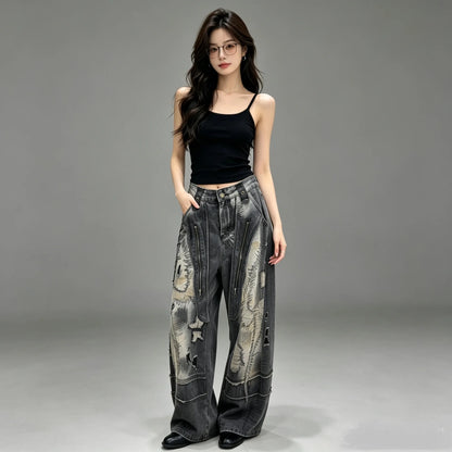 Trendy Pear-shaped Slimming Jeans Women Black Washed New Summer Street Style Loose-fitting Floor-length Jeans LX5811