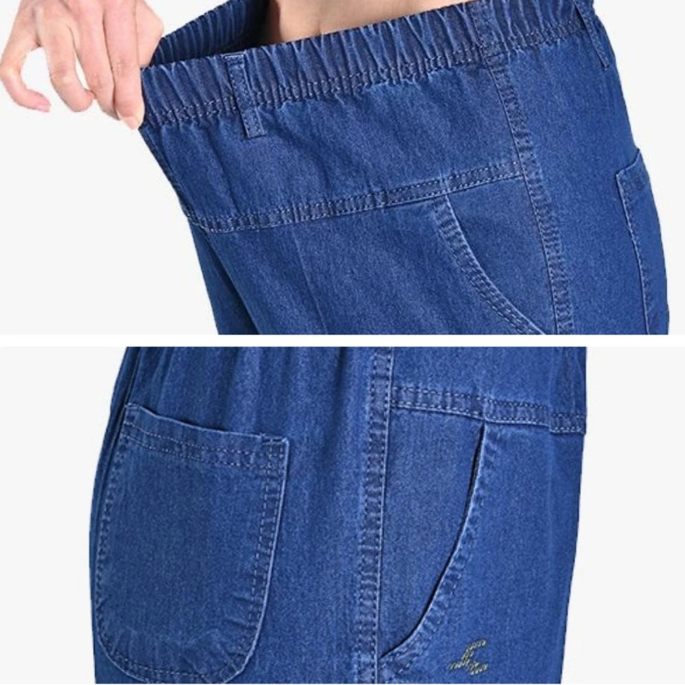 Middle-aged Women's Jeans Spring Summer Stretch Waist Straight Denim Pants Large Size Loose Casual Black Blue Denim Trousers 5XL