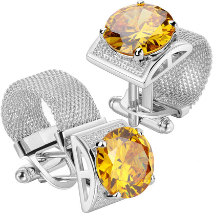 HAWSON Birthstone Crystal Cufflinks for Men Silver Luxury with Chain Wedding Birthday Christmas Gift