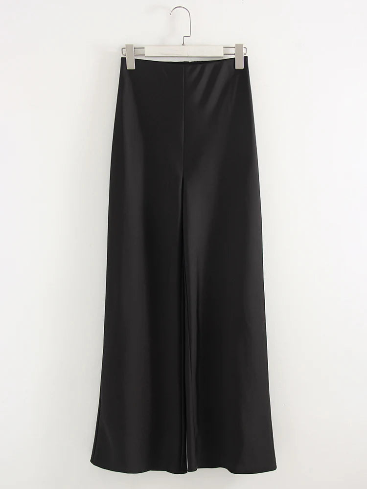 Streamgirl Summer Satin Pants For Women Wide Leg Beige Silk Trousers Long Straight Leg Luxury Pants For Summer Women Elegant