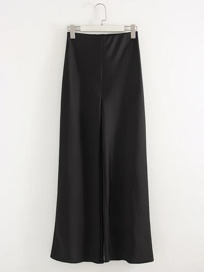 Streamgirl Summer Satin Pants For Women Wide Leg Beige Silk Trousers Long Straight Leg Luxury Pants For Summer Women Elegant