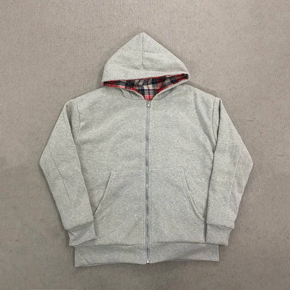 Autumn new hoodie with plaid lining and zipper cardigan, double-sided hoodie, street original style jacket for men