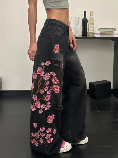 Women's European And American Style Floral Embroidered Black Loose Wide-Leg Jeans, Street Trend, Fashionable And Versatile, Soft And Comfortable High-Waisted Straight Trousers