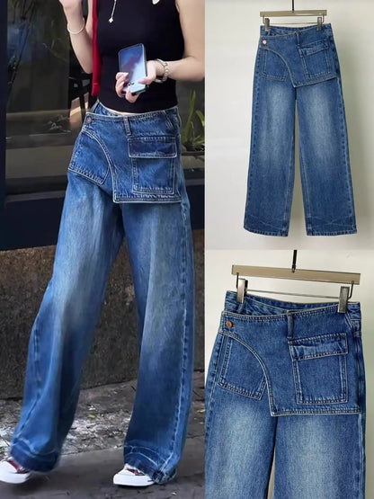 American Style Women's Vintage Washed Denim Pants High Waist Irregular Loose Wide Leg Trousers All-match Ladies Jeans