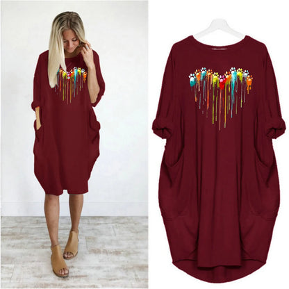 Women's Spring and Summer Footprint Heart Printed Casual Fashion Loose Large Size Long Sleeve Pocket Dress