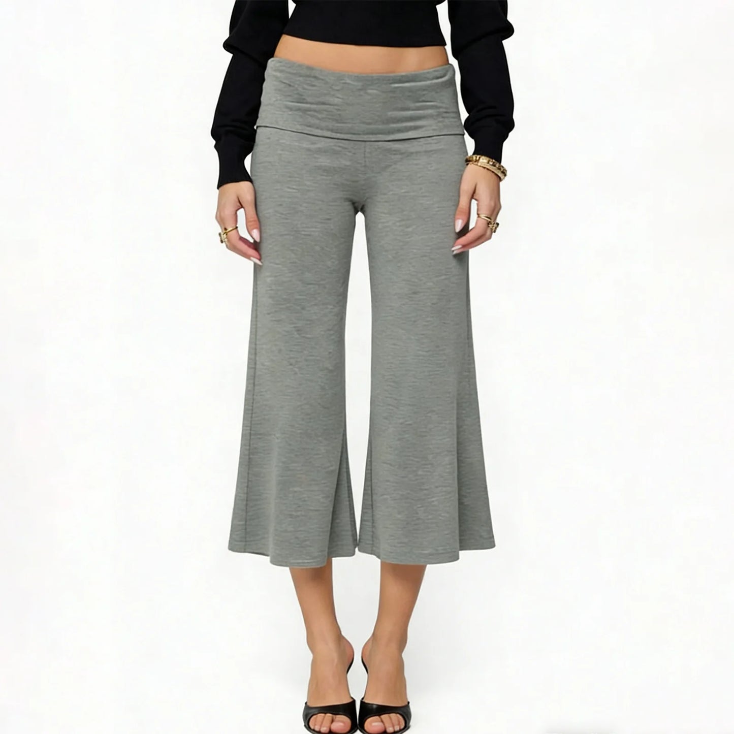 Women Vintage Fold Over Waist Gaucho Pants Low Rise Cropped Wide Leg Capri Pants y2k Foldover Culottes Yoga Pants Pajama Bottoms