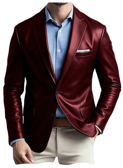 Men's Faux Leather Blazer Notch Lapel Flap Pockets Slim Fit Suit Jacket Coats For Casual Business Wedding Party