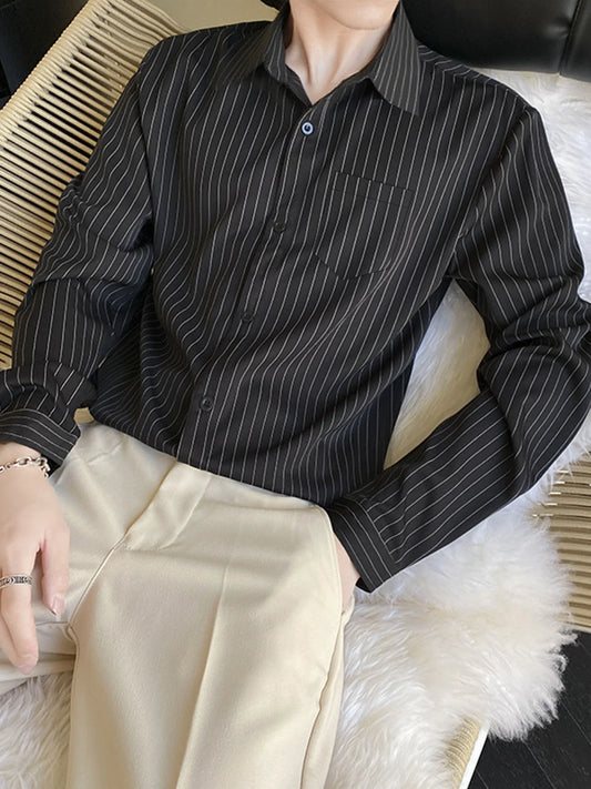 Spring and autumn high-end black striped shirt for men, long sleeve business casual daily commuting shirt.