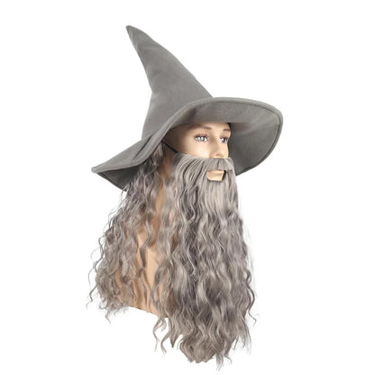 ❤2026❤ QACCF Qacf Long Curly Mens Wizard Mustache Wig Halloween Costume Cosplay Viking Fake Beard Wig (Grey)❤❤❤