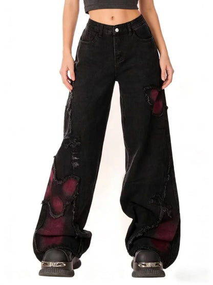 Women's Baggy Butterfly Jeans Vintage 90s Aesthetic Cowboy Pants Harajuku Oversize Denim Trousers Y2k 2000s Black Gothic Clothes