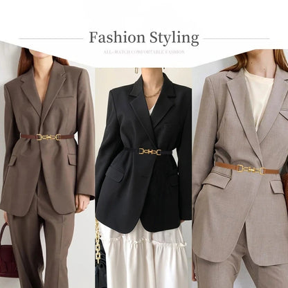 Women's Adjustable Thin Leather Belt, Genuine Leather Waist Belt with Decorative Fashion Buckle for Coats and Dresses