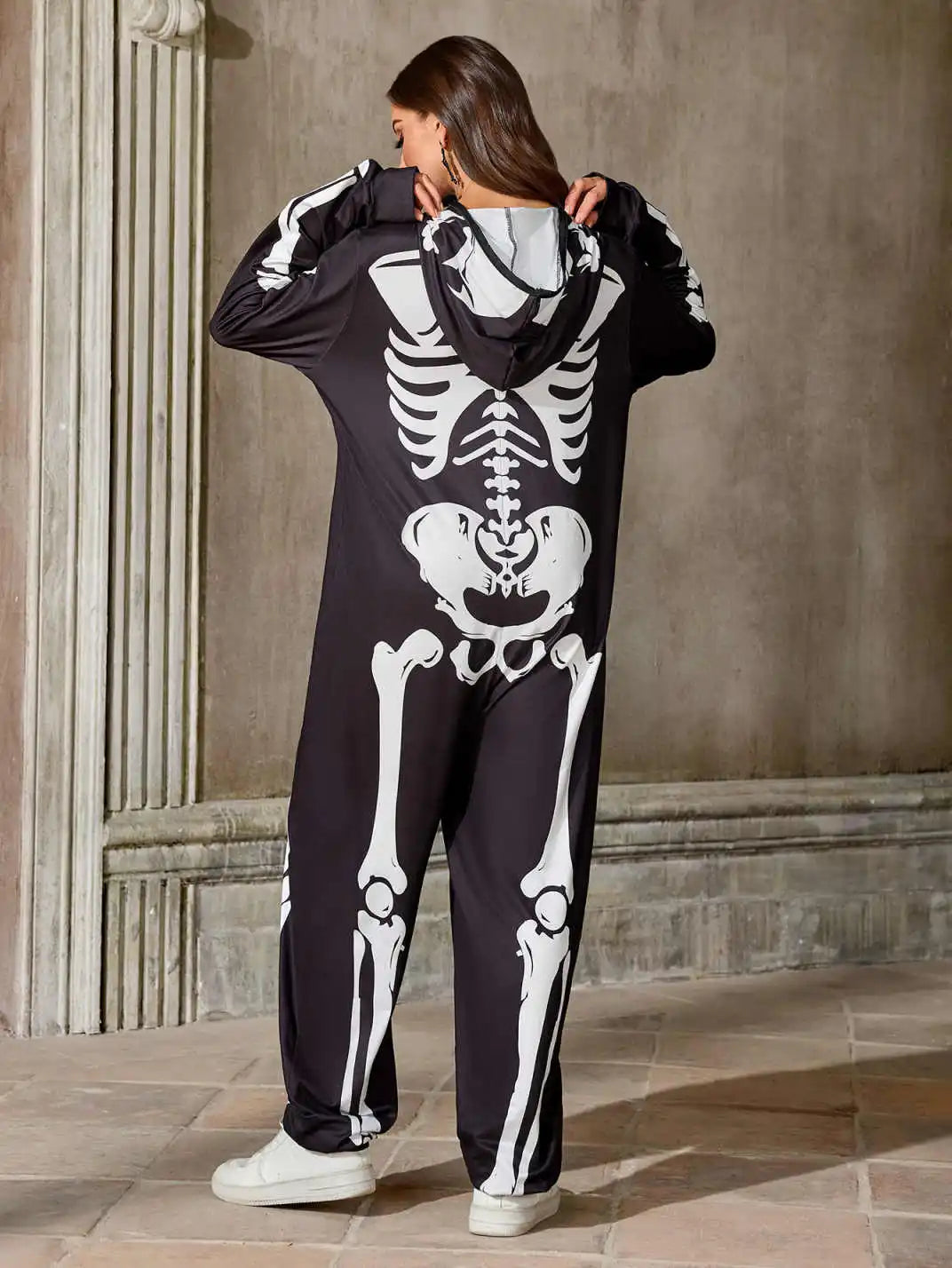 Women Skeleton Halloween Costume Hooded Jumpsuit Full Bone Print Zipper Onesie Cosplay Party Fancy Dress Outfit