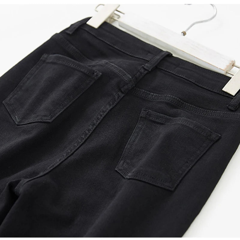Lady Classic Solid High Waist Jeans Female Black Narrow Straight Leg Pants Girls Korean Leisure Fashion Denim Trousers