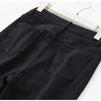 Lady Classic Solid High Waist Jeans Female Black Narrow Straight Leg Pants Girls Korean Leisure Fashion Denim Trousers