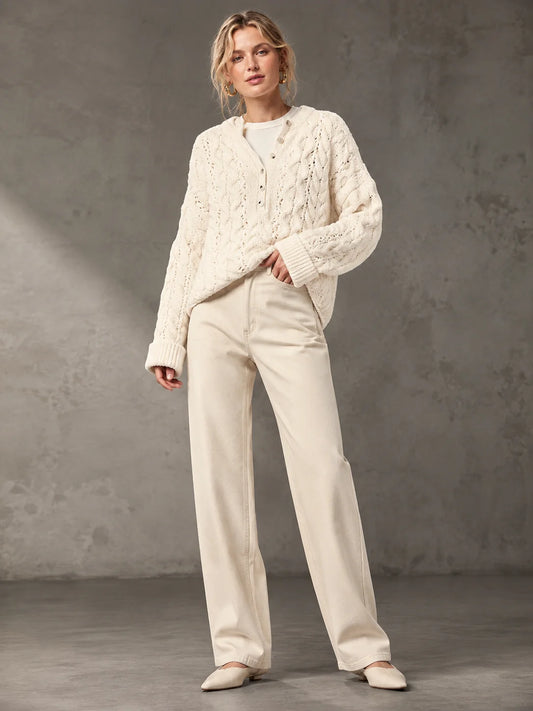 Oversized Chunky Cable Knit Henley Sweater for Women, Half Button V‑Neck Cropped Long Sleeve Pullover, Loose Casual Textured Knit Jumper