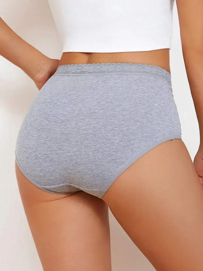 6PCS Womens Cotton Lace Trim Soft Comfortable High-Waisted Briefs Plus Size S-XXL