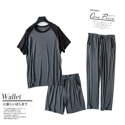 Spring and summer new modal men's pajamas three-piece short-sleeved + shorts + trousers plus size loose home service suit mens
