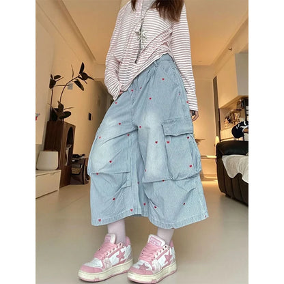 Vintage Summer 90s Cargo Jeans Women Y2k Retro Blue Stripe Wide Leg Pants Hip Hop Streetwear Baggy Pockets Denim Shorts