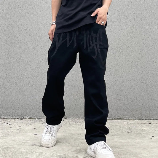 2024 New American Style Embroidered Letters Black Loose Jeans for Men Retro Street Hip Hop Y2K Men's Straight Denim Trousers