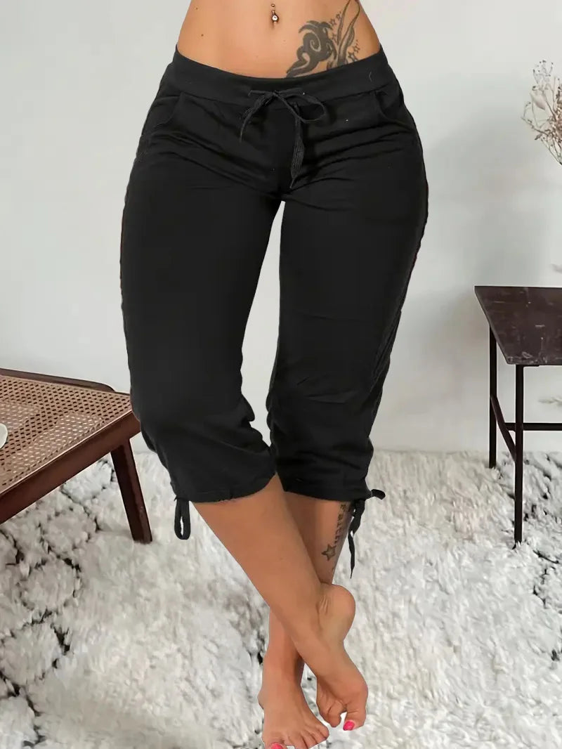 Plus size spring/summer/autumn stretch seven point jogging pants for women, with drawstring at the waist - fashionable pure blac