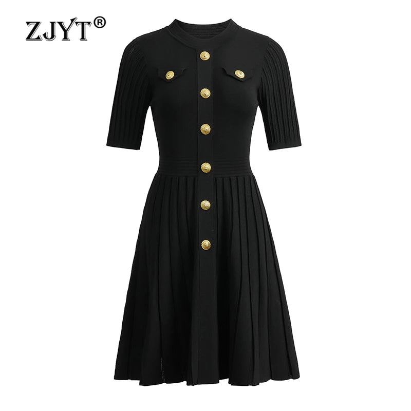 ZJYT New Summer 2026 Fashion Knit Dresses for Women Elegant Short Sleeve Beige Black Casual Daily Party Aline Dress Vestidos