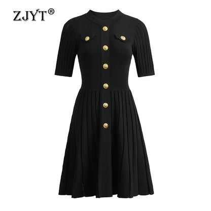 ZJYT New Summer 2026 Fashion Knit Dresses for Women Elegant Short Sleeve Beige Black Casual Daily Party Aline Dress Vestidos