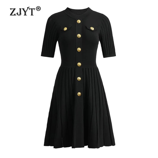 ZJYT New Summer 2026 Fashion Knit Dresses for Women Elegant Short Sleeve Beige Black Casual Daily Party Aline Dress Vestidos