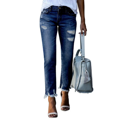 Spring Autumn Women's Denim Pants Ladies Slim Jeans Ripped Raw Edges Straight Leg Jeans Women Tight Leggings Soft Pencil Pants