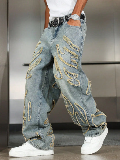 Men's Street Style Casual Patchwork Embroidered Frayed Hem Macau Blue Denim Jeans Trendy Loose Fit Straight Leg Pants