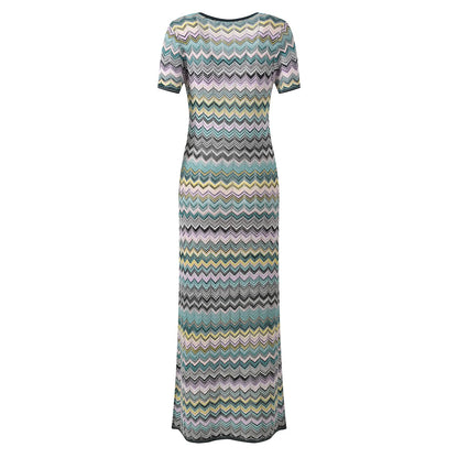ZJYT Summer New 2026 Fashion Women's Midi Knitted Sweater Dresses Elegant Short Sleeve Striped Casual Holiday Beach Dress Ladies