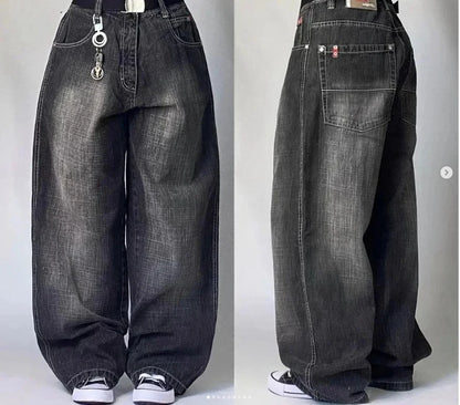 Street Fashion Trend Skull Embroidered Jeans Women Straight Wide-leg Pants Couple Casual Jeans