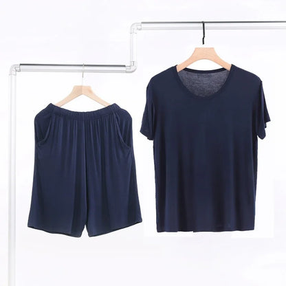 Summer Men's Modal Short Sleeve Shorts Set V-Neck Loose Fit Comfortable Sleepwear Home Clothes Mid-aged And Elderly Suitable