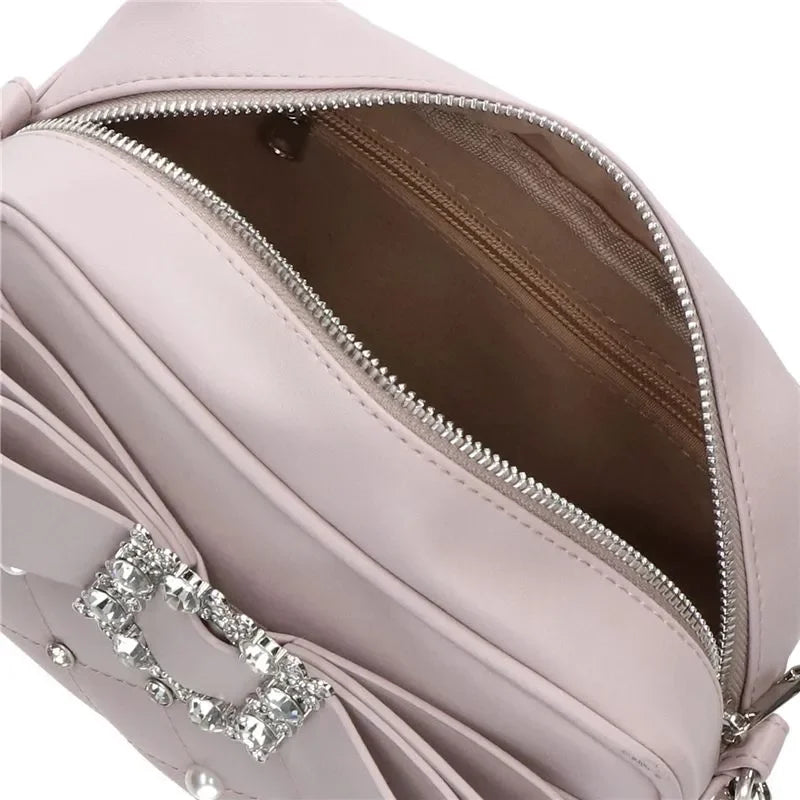 Sweet Knot Pearl Oulder Crossbody Bag Diamond Id Pattern Small Square Bag Faionable for Young Women Pearl Shoulder Rhinestones