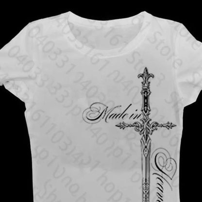 90s Summer Y2k EMO Tees Cool girl Punk Print Women Clothes Kpop Goth Graphic T Shirts 2000s Crop Top Women Slim Sexy Tees