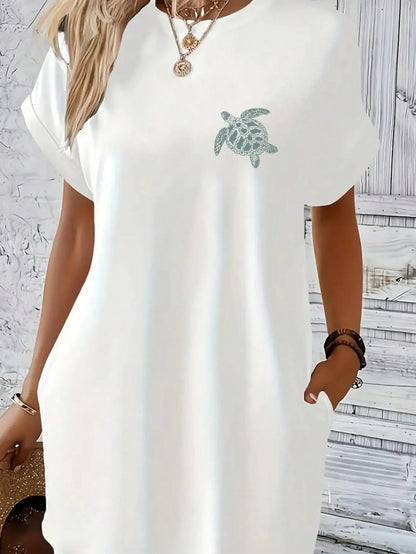 2026 women's casual and elegant green turtle print white solid color short sleeved dress short skirt
