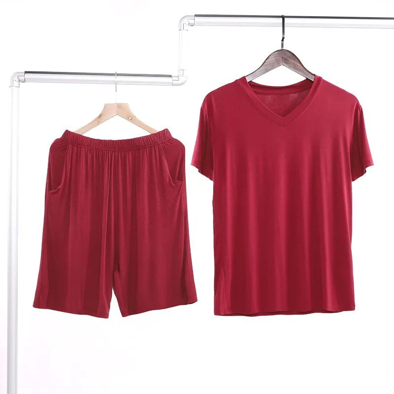 Summer Men's Modal Short Sleeve Shorts Set V-Neck Loose Fit Comfortable Sleepwear Home Clothes Mid-aged And Elderly Suitable
