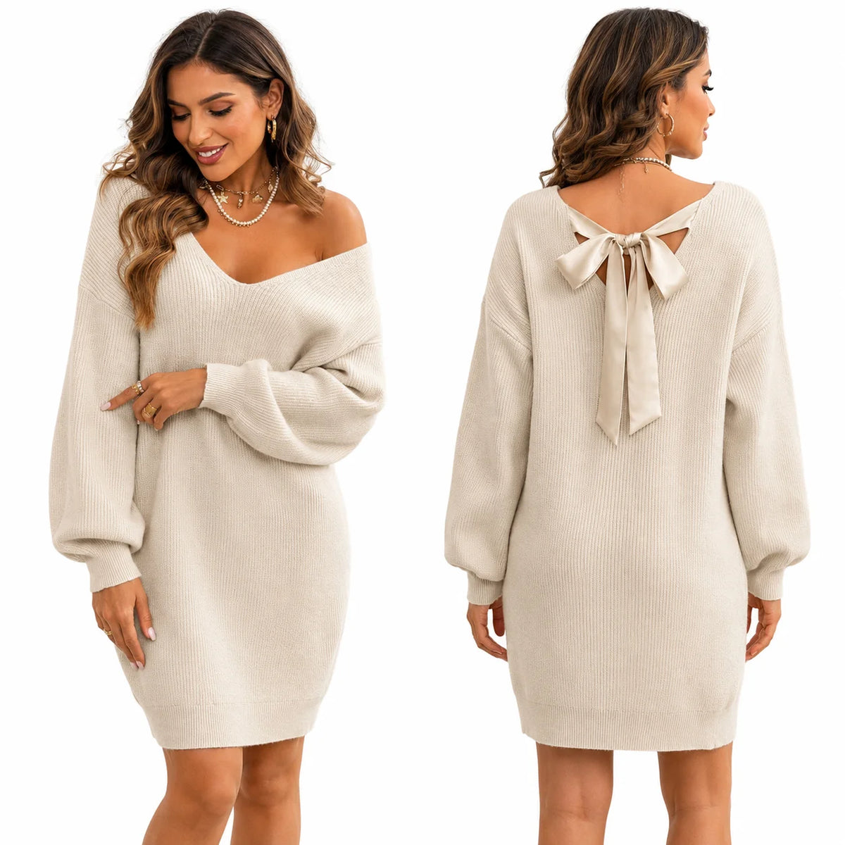 Women V‑Neck Oversized Knit Sweater Dress, Back Satin Bow Tie‑Back Long Puff Sleeve Loose Mini Knit Dress for Fall Party Daily Going‑Out Outfit