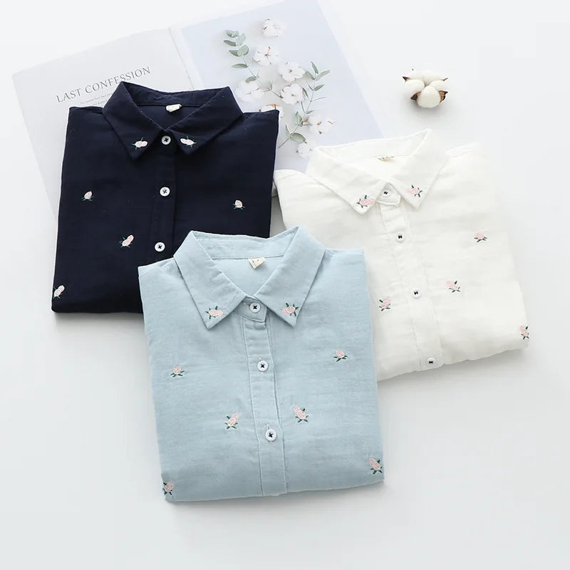 2026 Spring Autumn New Fresh Cotton Yarn Ladies Long Sleeve Shirt Flower Embroidered Women's Casual Shirt Female Blouse Clothes