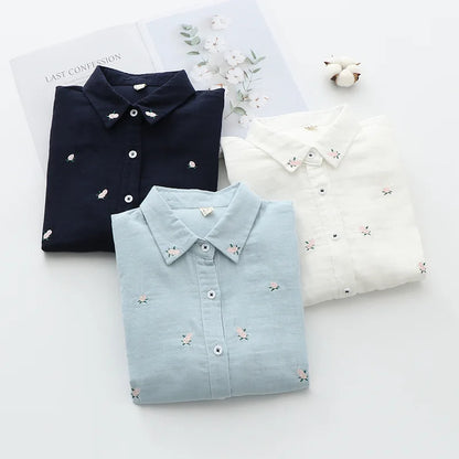 2026 Spring Autumn New Fresh Cotton Yarn Ladies Long Sleeve Shirt Flower Embroidered Women's Casual Shirt Female Blouse Clothes