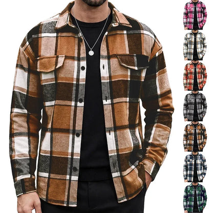 Men's Plaid Flannel Shirt Long Sleeve Button Down Casual Shacket with Flap Pockets Autumn Winter Streetwear Top