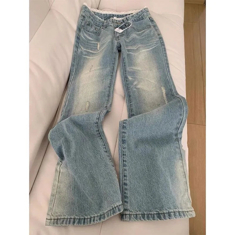 Botvotee Retro Classic American Vintage Denim Jeans for Women Low Waisted Straight 1950s/1960s Inspired Jeans Light Blue Pants