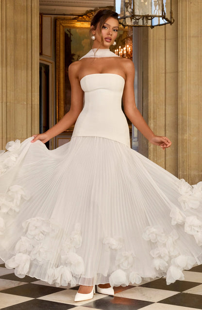 Women's Formal Evening Gowns Summer White Strapless Long Sash Back Handmade 3D Floral Sheer Long Gala Ceremony Dress