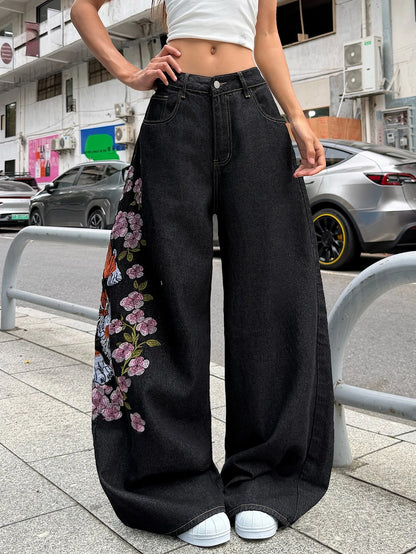 American Retro Tiger Flower Embroidered Black Loose Wide-Leg Jeans For Women, Street Hip-Hop Fashionable And Versatile Trousers